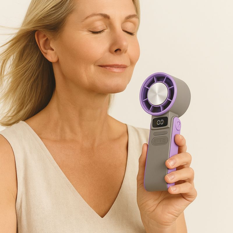 Woman using a portable handheld cooling fan, shown in hand for size reference.